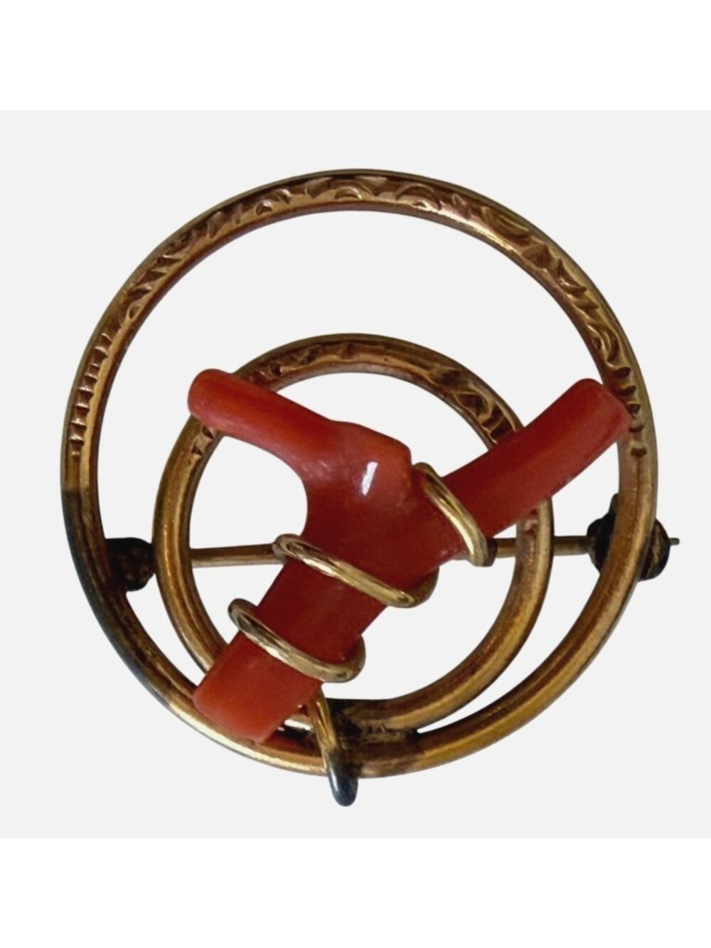 Antique Red Branch Coral Circle Brooch Gold Tone Estate Pin Small Signed